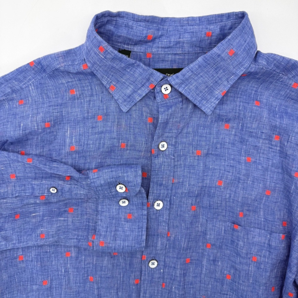 Rodd & Gunn Button Up Mens XL Blue Red Square Sports Fit Linen Woven In Italy